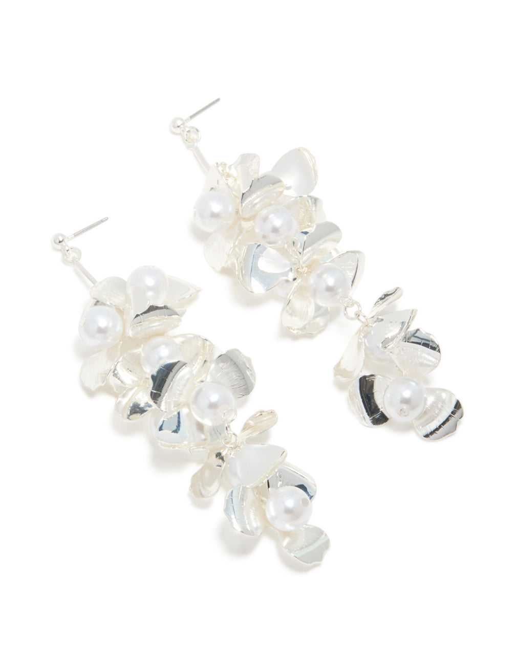 Silver Pearls & Bold Flower Drop Earrings