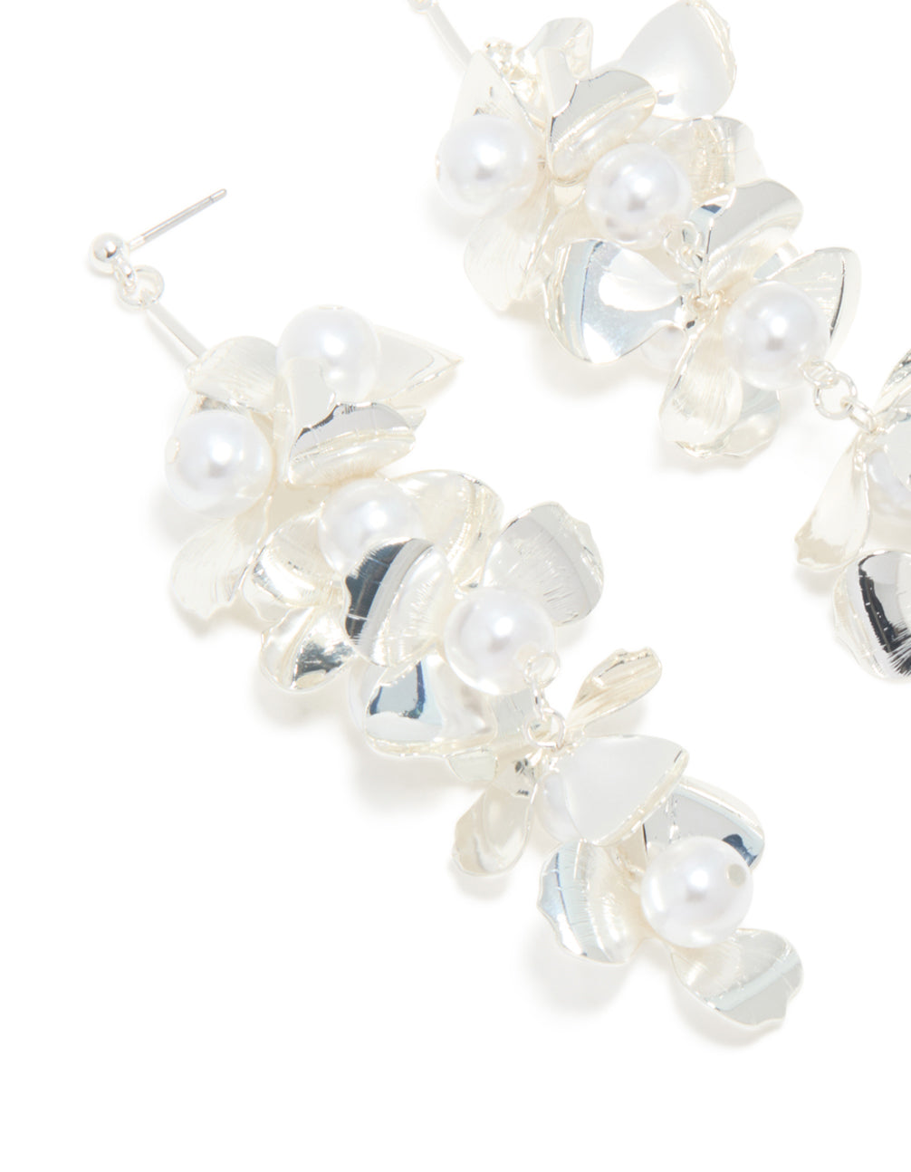 Silver Pearls & Bold Flower Drop Earrings