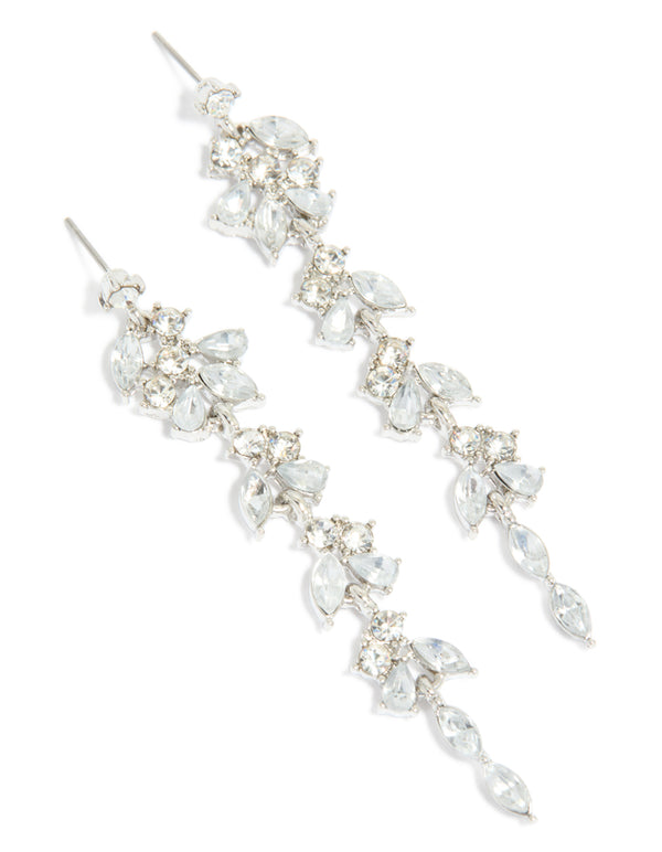 Silver Diamante Thin Floral Drop Earrings
