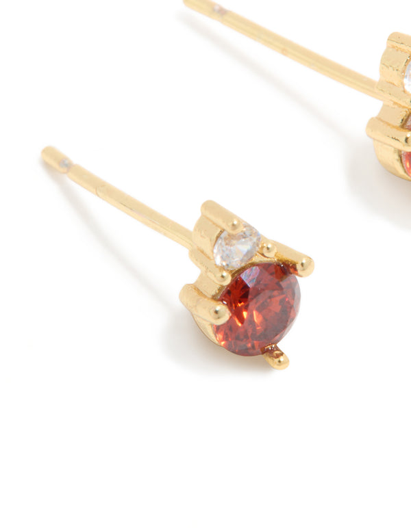 Waterproof Gold Plated Stainless Steel July Cubic Zirconia Duo Stud Earrings