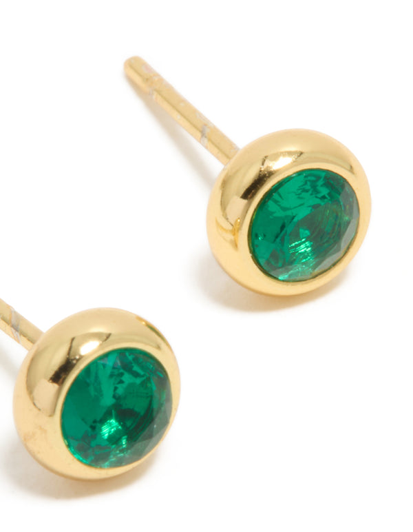 Waterproof Gold Plated Stainless Steel Emerald Cubic Zirconia May Birthstone Bezel Stud Earrings