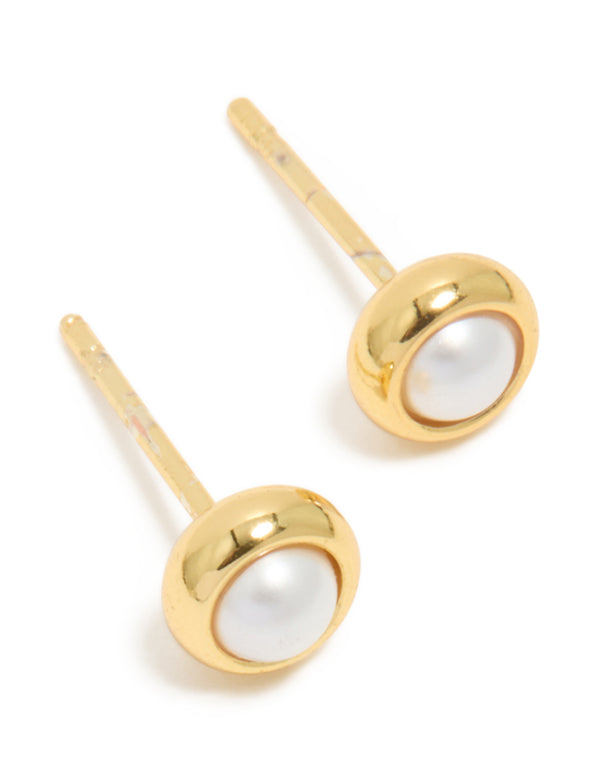 Waterproof Gold Plated Stainless Steel Pearl June Birthstone Pearl Bezel Set Stud Earrings
