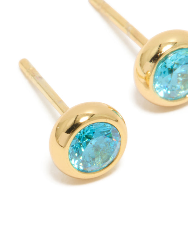 Waterproof Gold Plated Stainless Steel Aquamarine Cubic Zirconia March Birthstone Bezel Set Stud Earrings