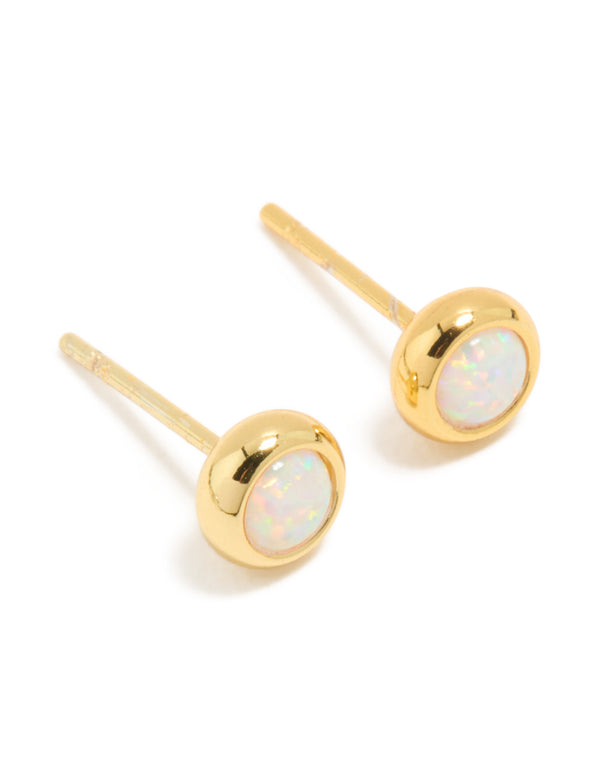 Waterproof Gold Plated Stainless Steel Opal October Birthstone Bezel Set Stud Earrings