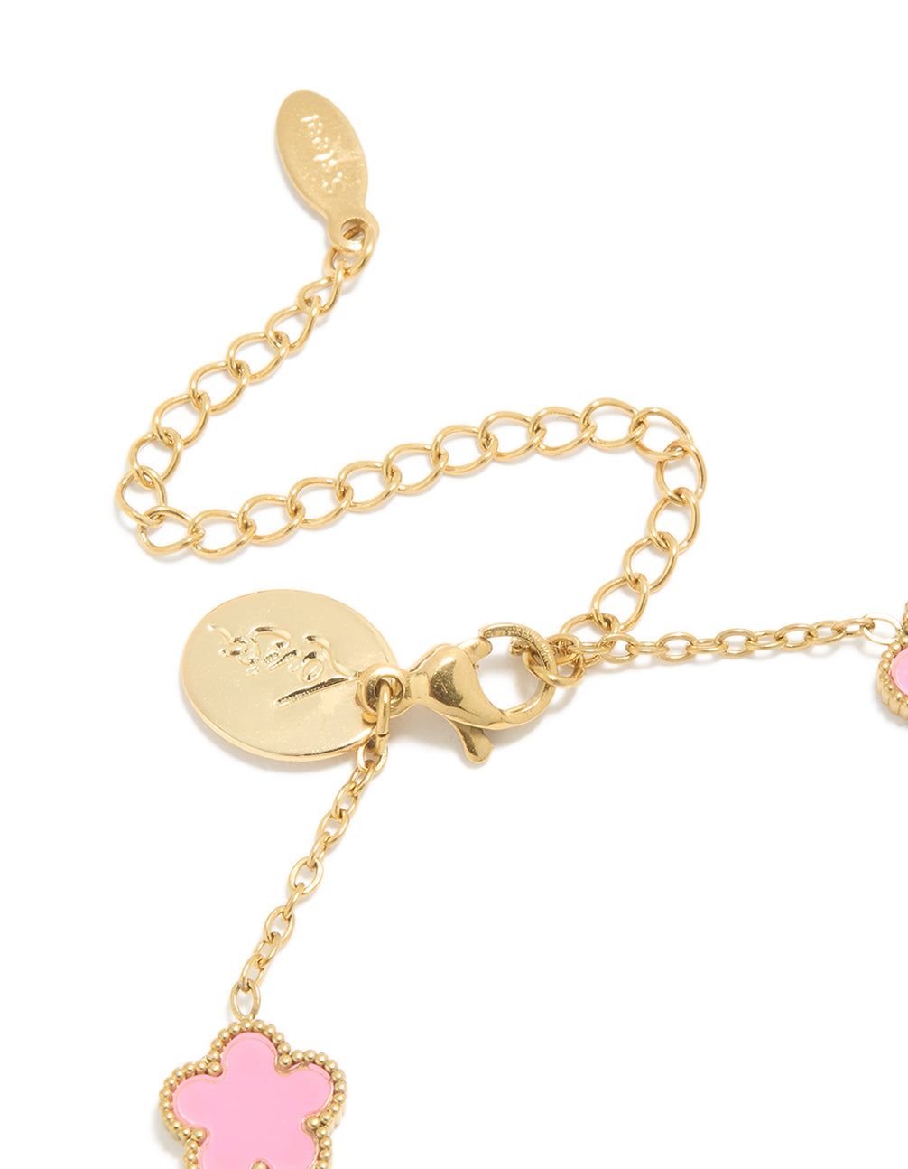 Crafted from waterproof gold plated stainless steel with light pink petal flower charms in dainty style closure detail view