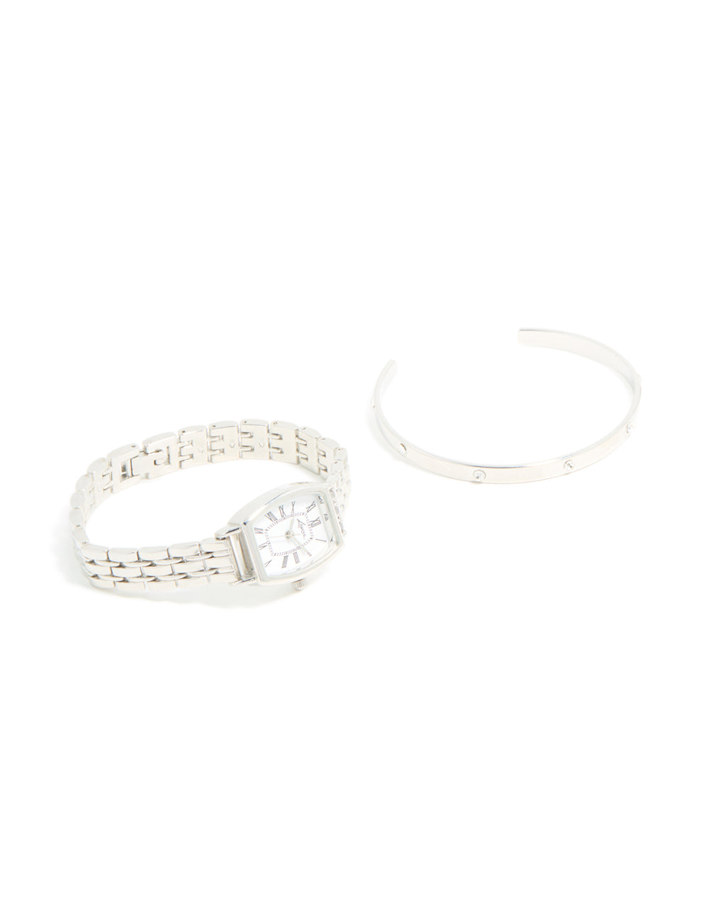 Discover a women's casual analog watch and wrist cuff set with white dial featuring roman numerals, rectangle shape, link band in silver front view