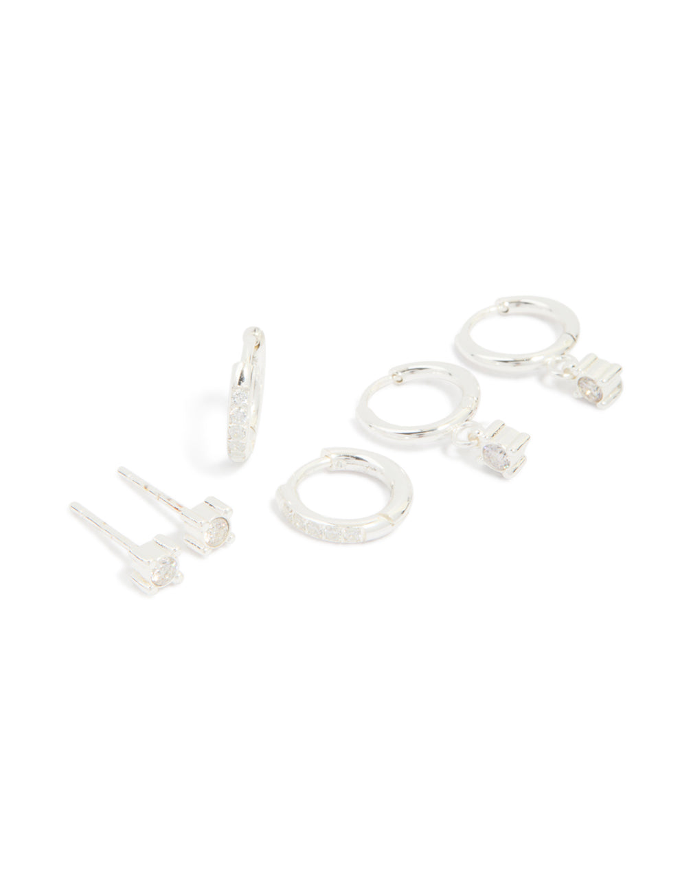 Explore waterproof stainless steel diamante stud and huggie earrings in a 3-pack in silver and clear front view