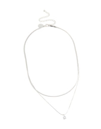Explore this waterproof stainless steel cubic zirconia and chain pendant layered necklace featuring crystal in silver front view - link has visual effect only