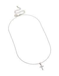 Showcasing a waterproof stainless steel cubic zirconia cross pendant fine necklace front view - link has visual effect only