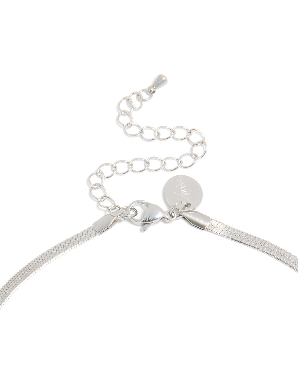 Displaying a waterproof stainless steel fine flat snake chain necklace in silver clasp detail view