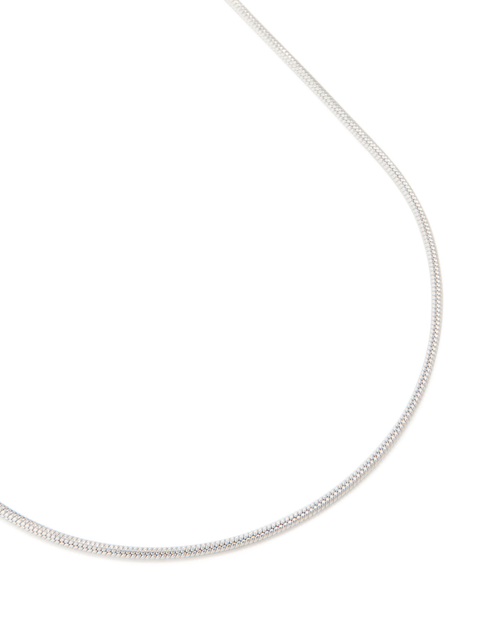 Featuring a waterproof stainless steel short snake chain necklace in silver close up view