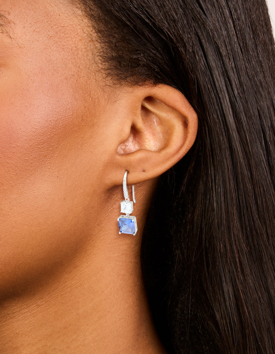Silver Sapphire Cubic Zirconia Dainty Square Drop Earrings