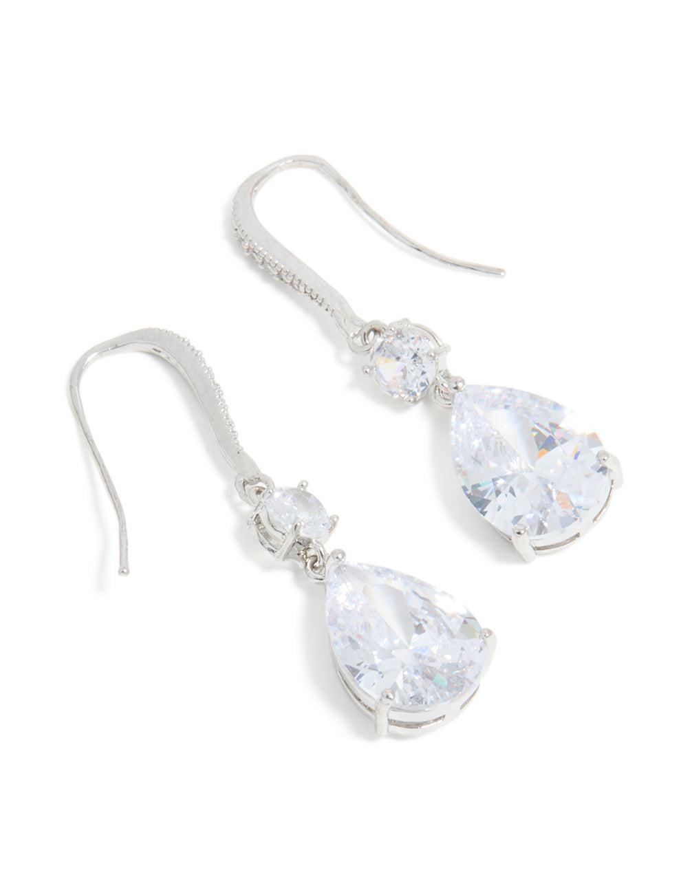 Elegant silver cubic zirconia pear drop earrings showcasing clear stones in a teardrop design front view