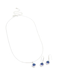 Silver Sapphire Cubic Zirconia Square Cushion Earrings & Necklace Set - link has visual effect only