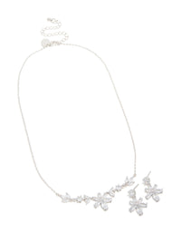 Silver Cubic Zirconia Lovely Floral Necklace & Earrings Set - link has visual effect only