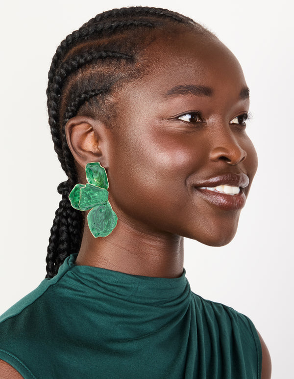 Emerald Green Coated Metal Half Flower Petal Drop Earrings