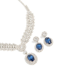 Silver Blue Diamante V-Shaped Pendant Necklace & Earrings Set - link has visual effect only
