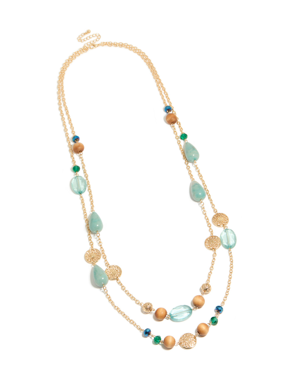 Gold Blue & Wooden Long Layered Necklace