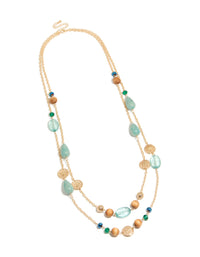Gold Blue & Wooden Long Layered Necklace - link has visual effect only