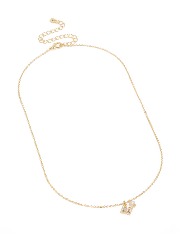 Gold Plated Cubic Zirconia & Pearl Letter M Necklace