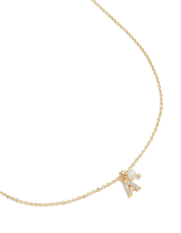 Gold Plated Cubic Zirconia & Pearl Letter A Necklace