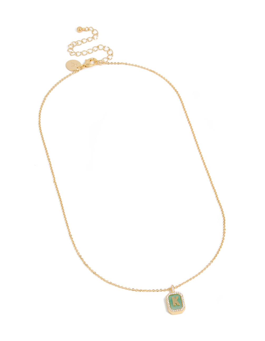 Featuring a gold plated brass cubic zirconia letter K tag necklace with initials pendant front view