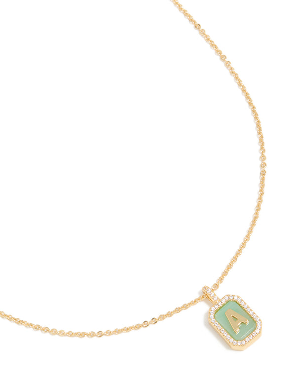 Gold Plated Brass Cubic Zirconia Letter A Tag Necklace