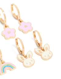 Designed with kids gold bunny garden earrings 4-pack featuring animal, butterfly and floral huggie closure in light pink ivory aqua post detail view - link has visual effect only