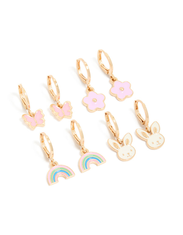 Showcasing kids' gold bunny garden earrings in a 4-pack, featuring animal, butterfly, and floral designs with a huggie closure in light pink, ivory, and aqua front view
