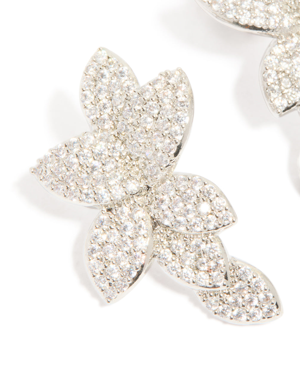 Silver Cubic Zirconia Pave Flower Stud Earrings