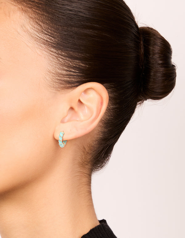 Gold Teal Enamel Small Twisted Hoop Earrings