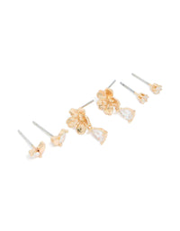 Gold Cubic Zirconia Flower & Petal Earrings 3-Pack - link has visual effect only