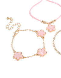 Gold Cubic Zirconia Tennis & Blush Pink Cord Flower Bracelets 3-Pack - link has visual effect only