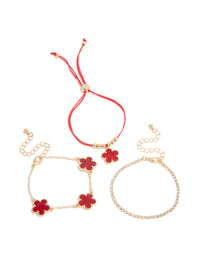 Gold Cubic Zirconia Tennis & Red Cord Flower Bracelets 3-Pack - link has visual effect only