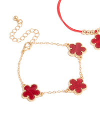 Gold Cubic Zirconia Tennis & Red Cord Flower Bracelets 3-Pack - link has visual effect only