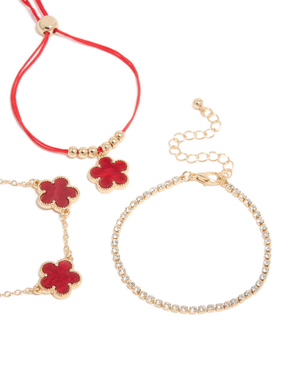 Gold Cubic Zirconia Tennis & Red Cord Flower Bracelets 3-Pack