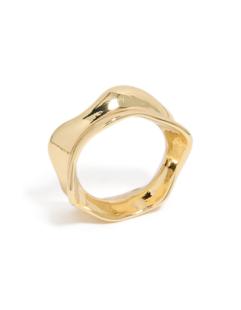 Presenting a gold plated modern curved molten ring side detail view