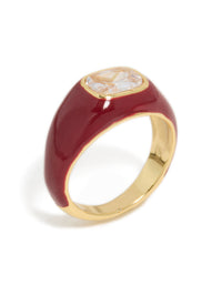 Waterproof Gold Plated Stainless Steel Red Enamel Square Cubic Zirconia Ring - link has visual effect only