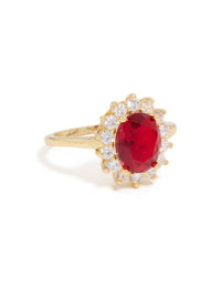 Beautifully crafted gold plated oval red cubic zirconia ring with halo design and statement style front view - link has visual effect only
