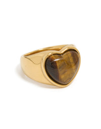 Waterproof Gold Plated Stainless Steel Tigers Eye Stone Heart Ring - link has visual effect only