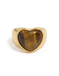 Waterproof Gold Plated Stainless Steel Tigers Eye Stone Heart Ring - link has visual effect only
