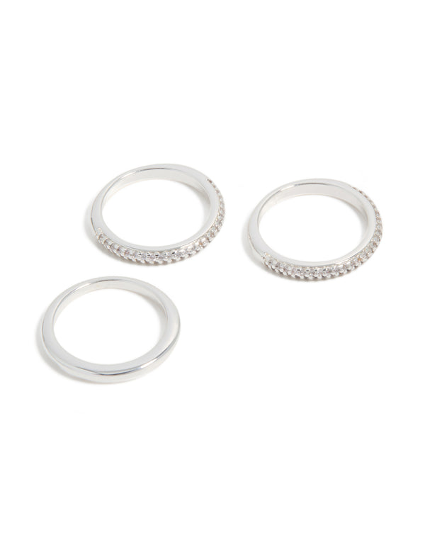 Silver Plated Cubic Zirconia Band Rings 3-Pack