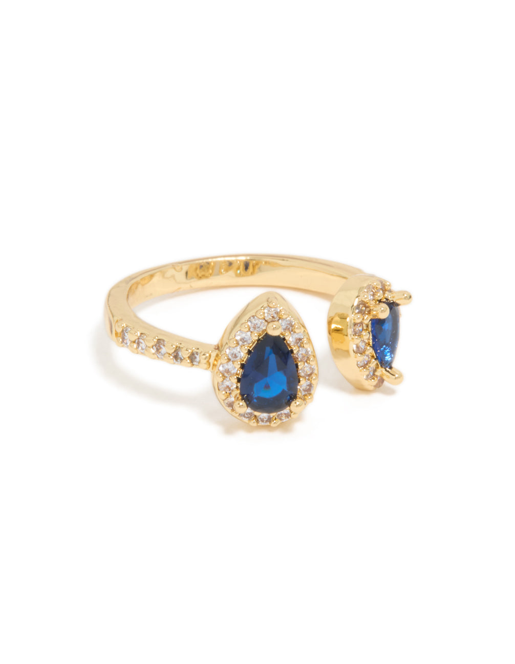 Showcasing a gold plated blue diamante duo ring with statement styling front view