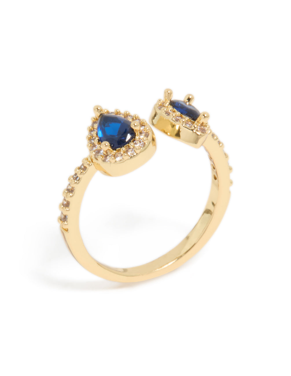 Crafted from gold plated material, blue diamante duo ring with statement design close up view