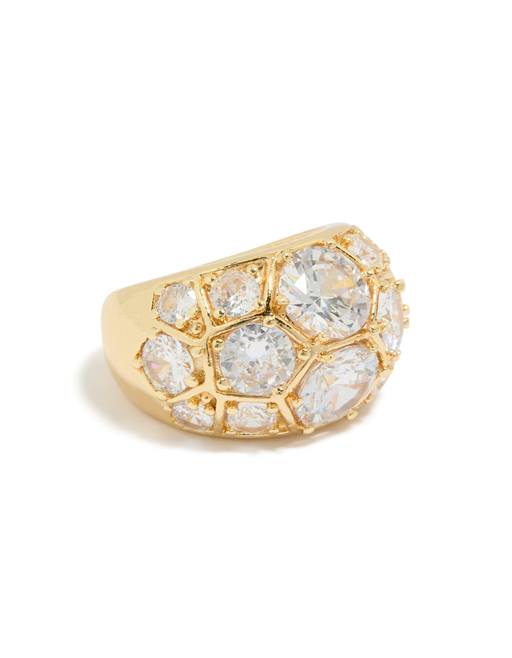 Showcasing a gold plated extra large diamantes ring with statement styling front view