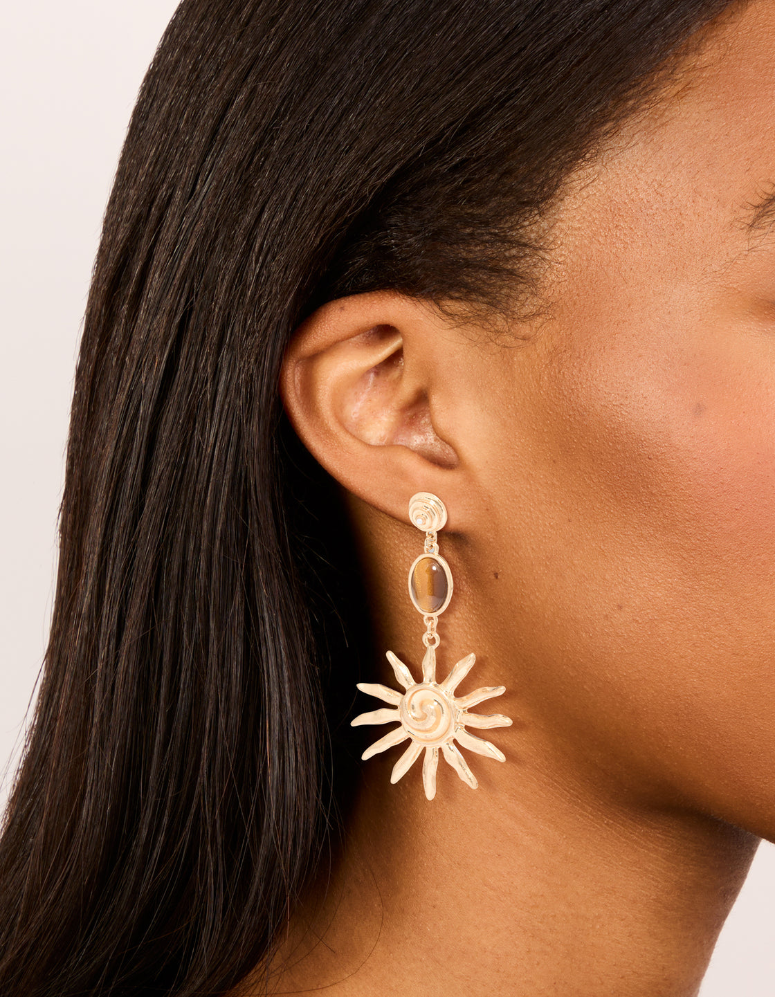 Gold Brown Stone & Large Swirly Sun Drop Earrings