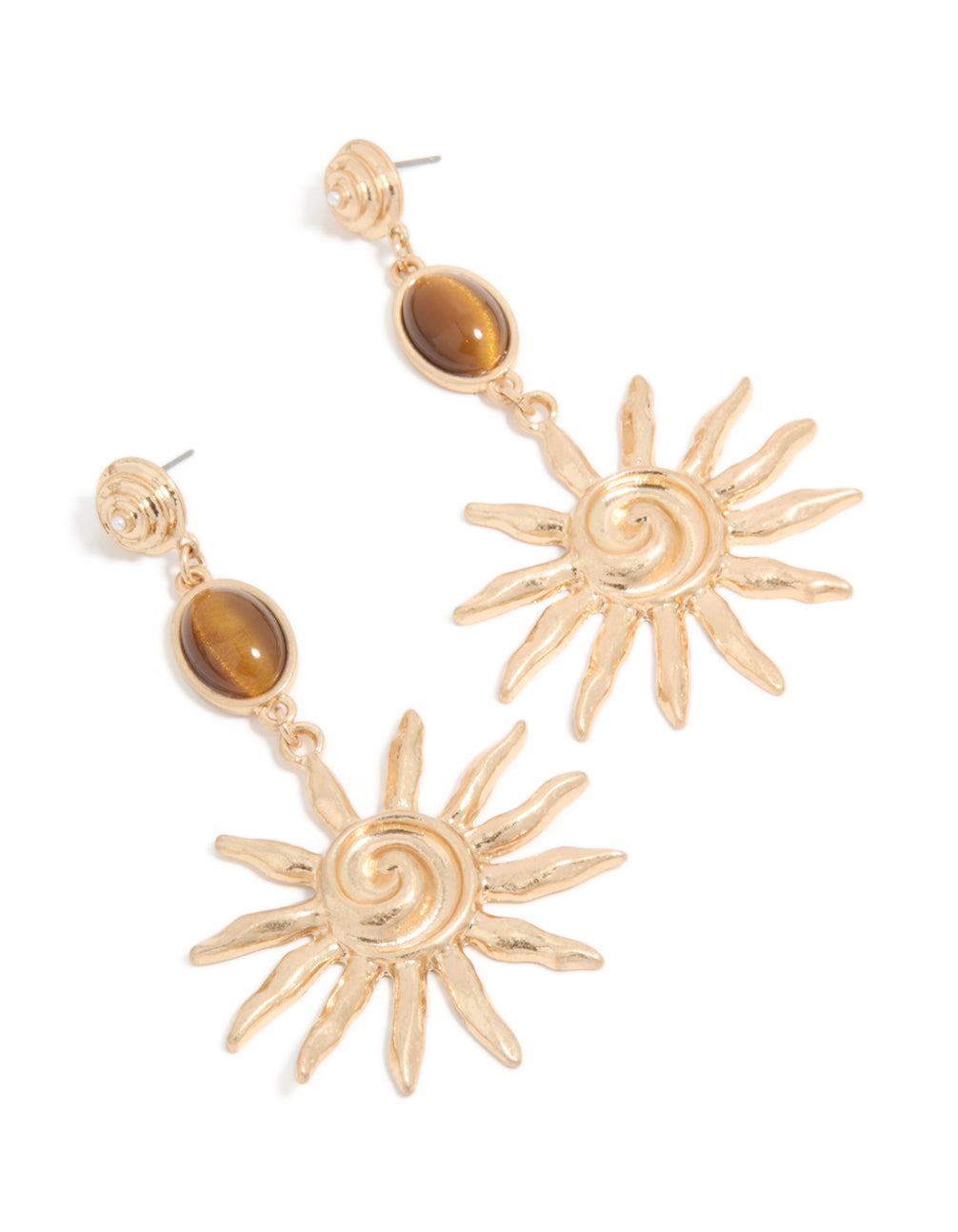 Gold Brown Stone & Large Swirly Sun Drop Earrings
