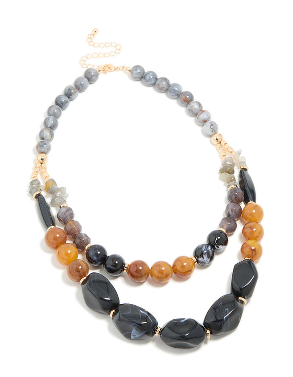 Gold Brown & Dark Blue Acrylic Beaded Layered Necklace