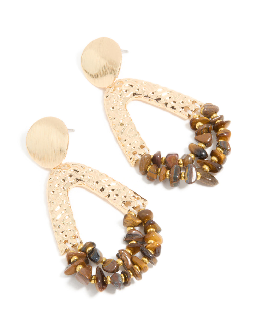 Featuring gold tigers eye semi precious stone chip and molten drop earrings in statement style front view