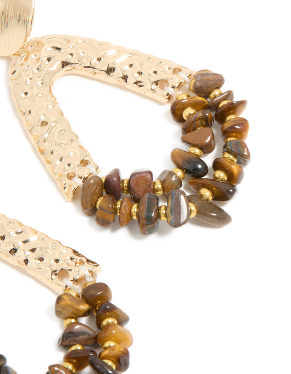 Highlighting statement gold tigers eye semi precious stone chip with molten drop earrings macro post detail view